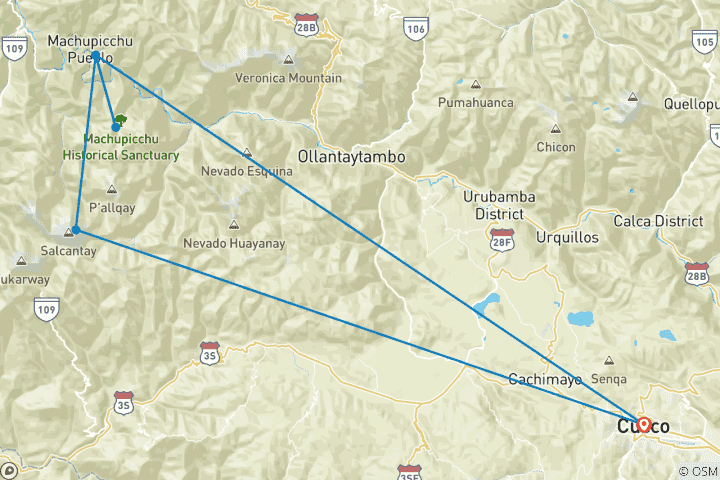 Map of Classic Salkantay Trek to Machu Picchu - 4 Days