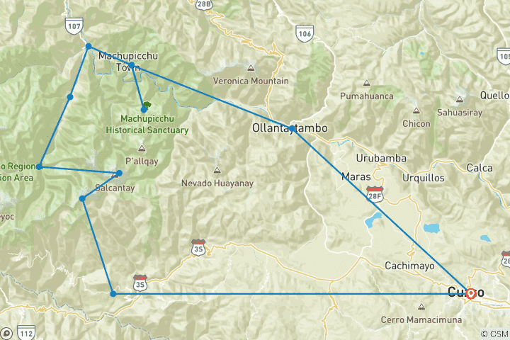 Carte du circuit Trek classique du Salkantay au Machu Picchu - 4 jours