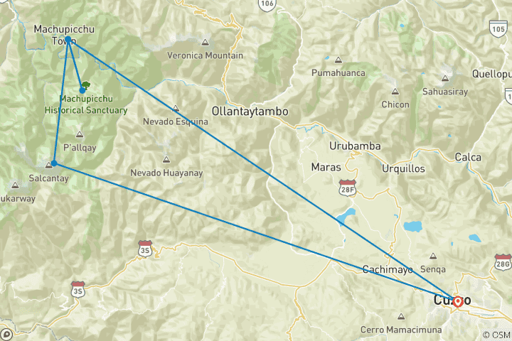 Carte du circuit Trek classique du Salkantay au Machu Picchu - 4 jours