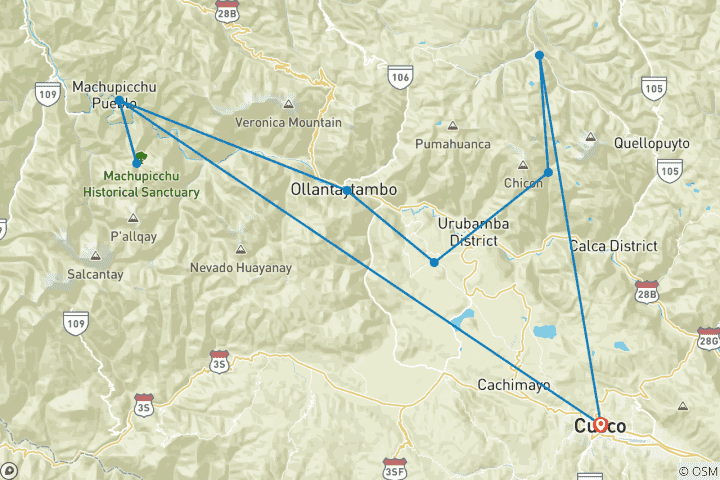 Map of Lares Trek to Machu Picchu - 4 Days