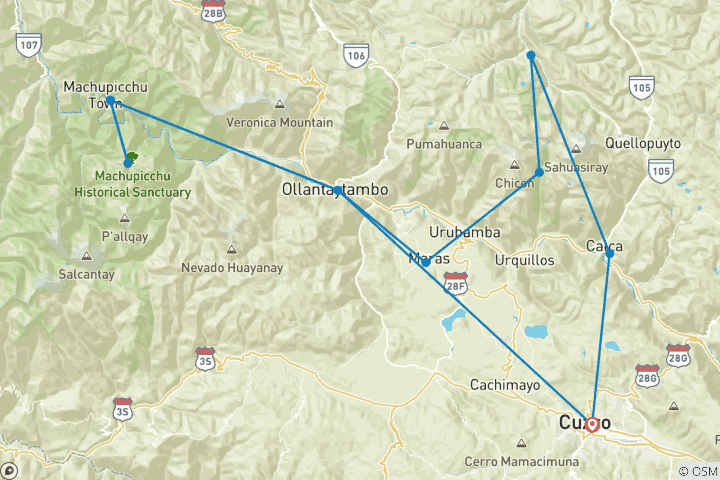Carte du circuit Trek de Lares au Machu Picchu 4 jours 3 nuits