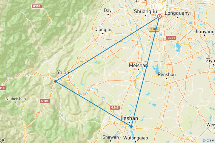 Carte du circuit Cycle de 9 jours Royaume des pandas, province du Sichuan, Chine