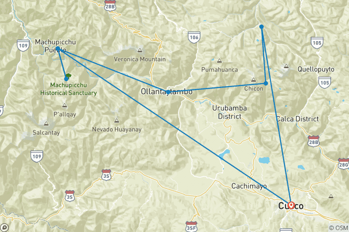 Map of Lares Trek & Inca Trail trek to Machu Picchu 5 Days