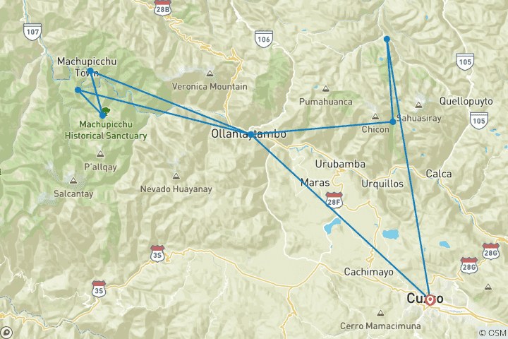 Kaart van Lares Trek en Korte Inca Trail naar Machu Picchu 5 dagen 4 nachten