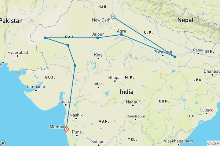 Map of 14-Day India Odyssey: Golden Triangle, Varanasi, Taj Mahal & Thar Desert Trek