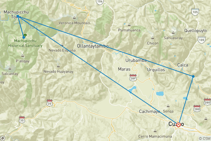 Carte du circuit Huchuy Qosqo Trek au Machu Picchu 3 jours 2 nuits