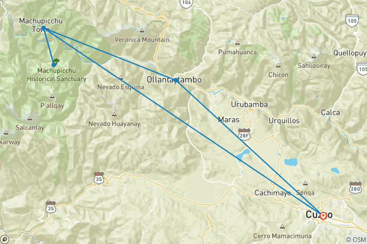 Carte du circuit Trek sur le sentier des carrières de Cachicata jusqu'au Machu Picchu 4 jours 3 nuits