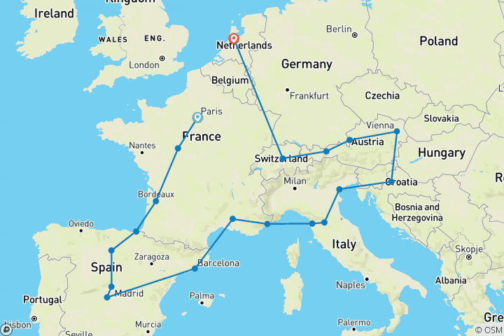 Carte du circuit Grandeur de l'Europe - Classique, Début Londres, Fin Londres, 27 jours