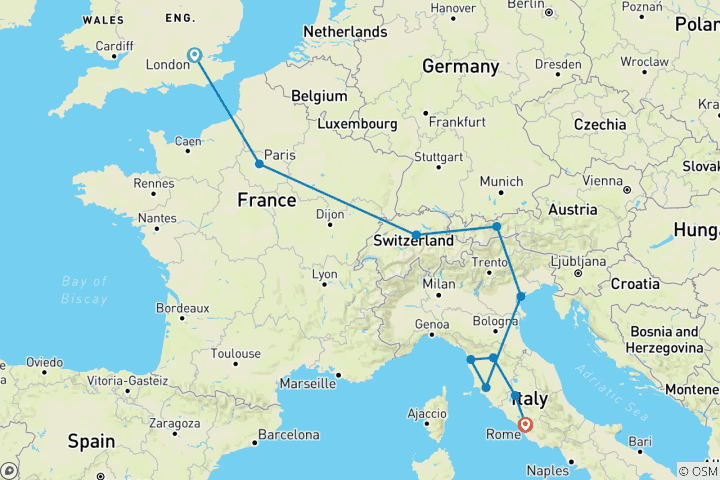 Mapa de Camino a Roma - grupos pequeños - inicia en Londres, 13 días