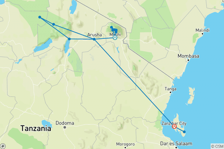 Map of Kilimanjaro, Serengeti & Zanzibar