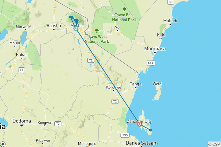 Map of Kilimanjaro - Lemosho Route & Zanzibar Adventure