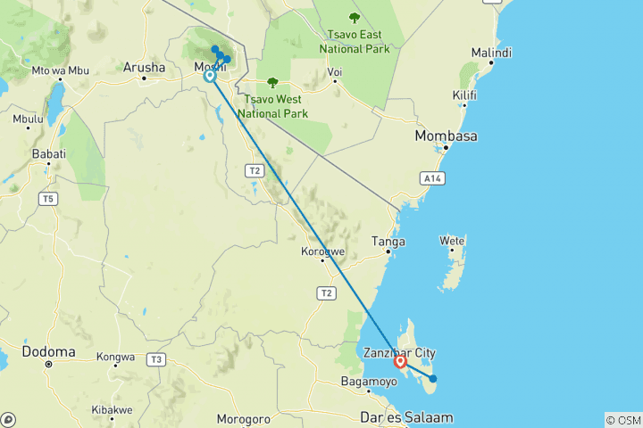 Map of Kilimanjaro - Marangu Route & Zanzibar Adventure