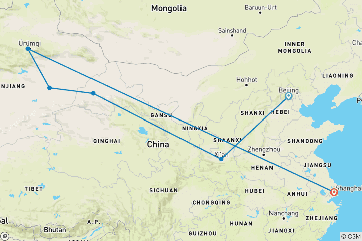 Map of Tailor-Made China Private Adventure to Silk Road, Daily Depart