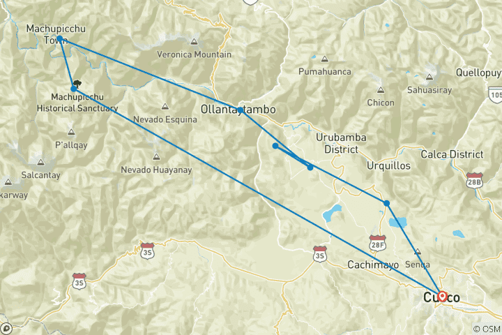 Map of Maras Moray and Machu Picchu Tour (By Rail)  2 days