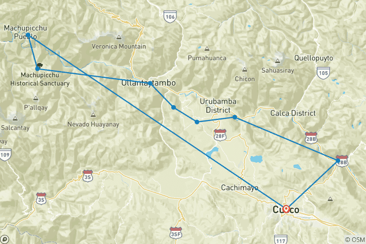 Map of Classic Machu Picchu Tour 4 Days: Cusco + Sacred Valley