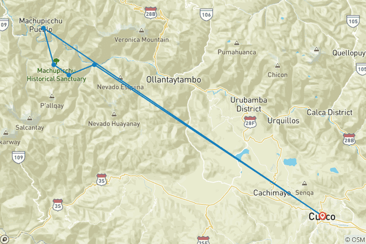 Map of Luxury Inca Trail to Machu Picchu 4 Days