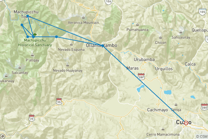 Map of Luxury Inca Trail to Machu Picchu 4 Days