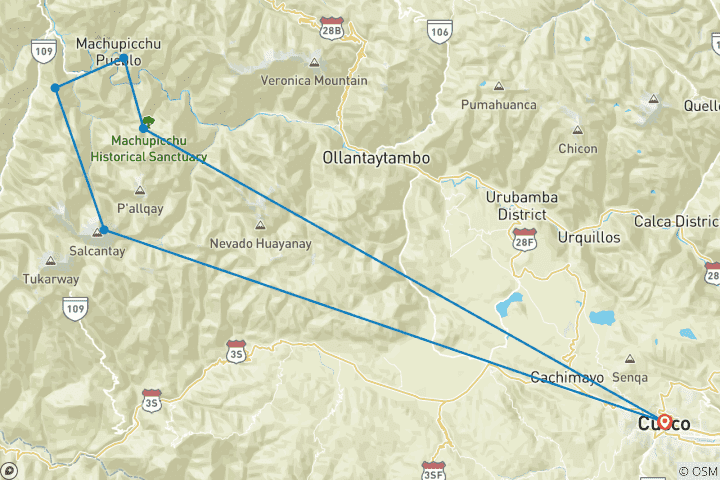 Map of Salkantay Trek Luxury Tour 5 days 4 nights