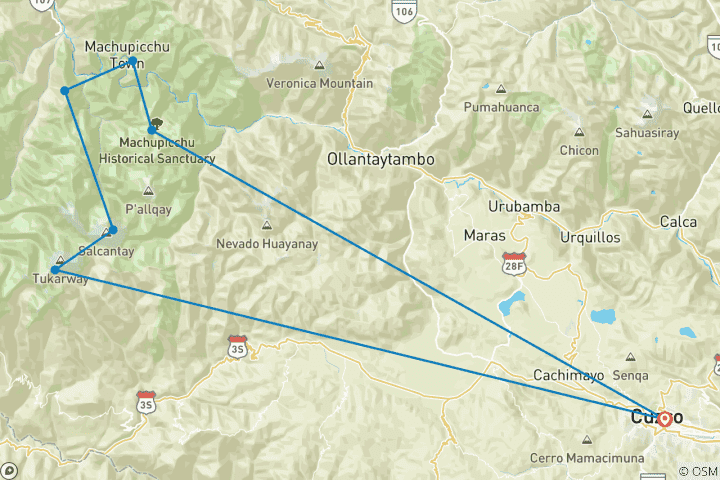 Map of Luxury Salkantay Trek to Machu Picchu – 5 Days / 4 Nights