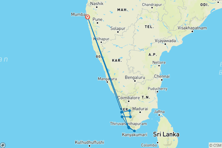 Map of Idyllic Kerela with Mumbai and relax on Kovalam beach, luxury houseboat