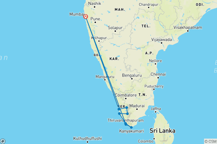 Map of Idyllic Kerela with Mumbai and relax on Kovalam beach, luxury houseboat