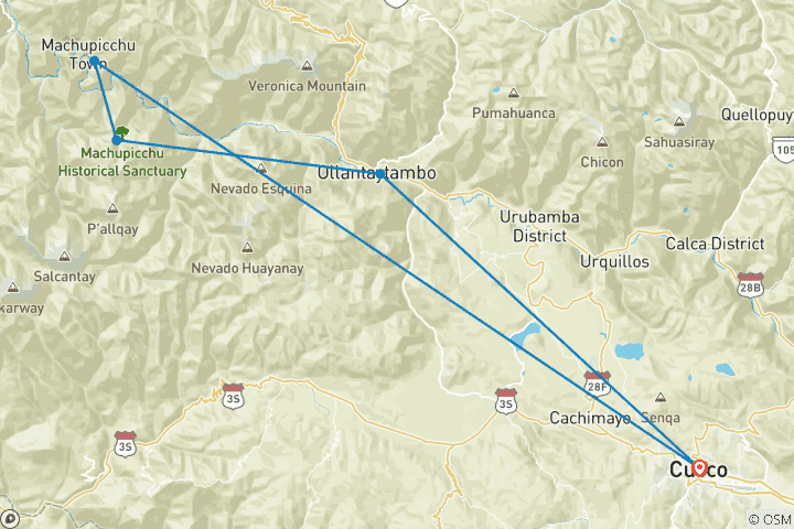 Map of Short Inca Trail to Machu Picchu in 2 Days