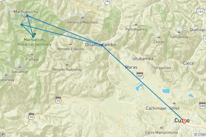 Map of Short Inca Trail to Machu Picchu in 2 Days