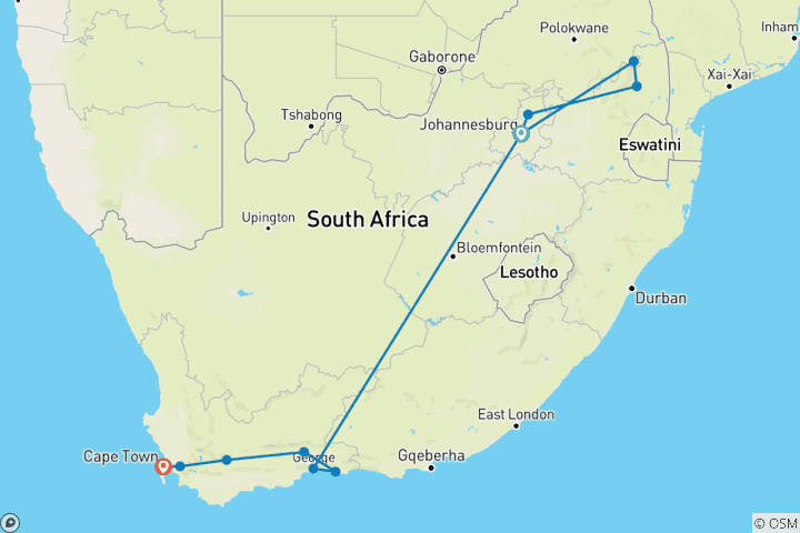 Map of Cape Town, Kruger and Garden Route, Self-Drive