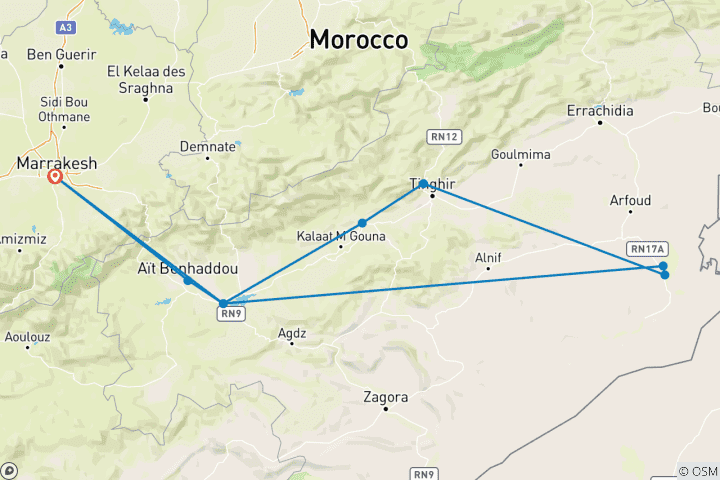 Carte du circuit Marrakech à Merzouga 3 jours à dos de chameau