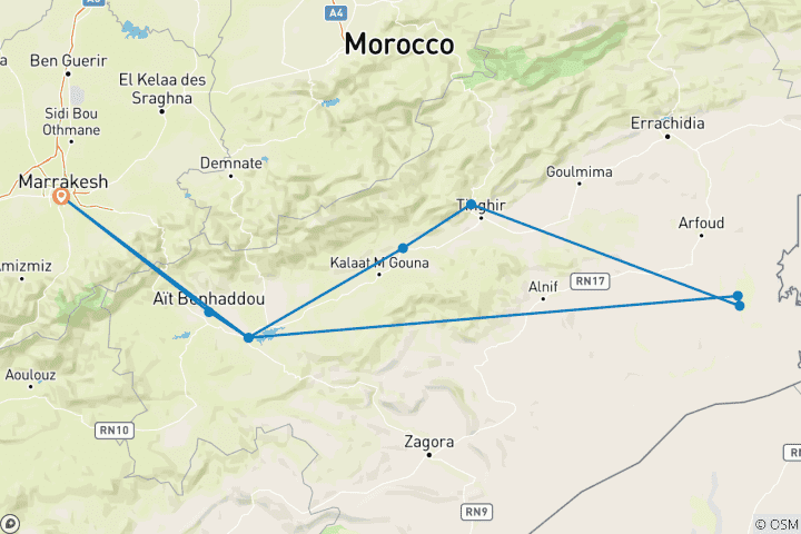 Kaart van 3-Daagse woestijntour van Marrakech naar Merzouga met kamelentocht