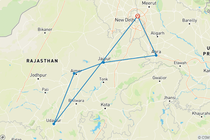 Map of Golden triangle with the city of lakes Udaipur