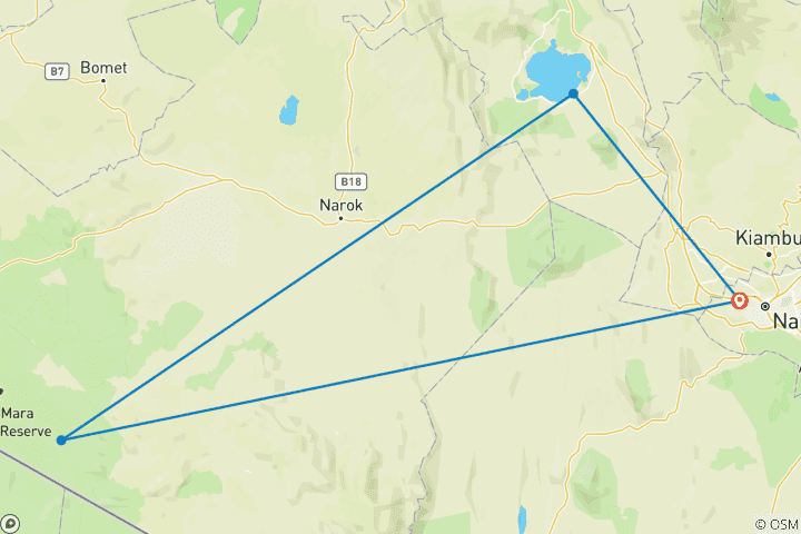 Carte du circuit Safari de luxe abordable de 3 jours dans le Masai Mara au Kenya - Avec une nuit gratuite à l'hôtel de Nairobi