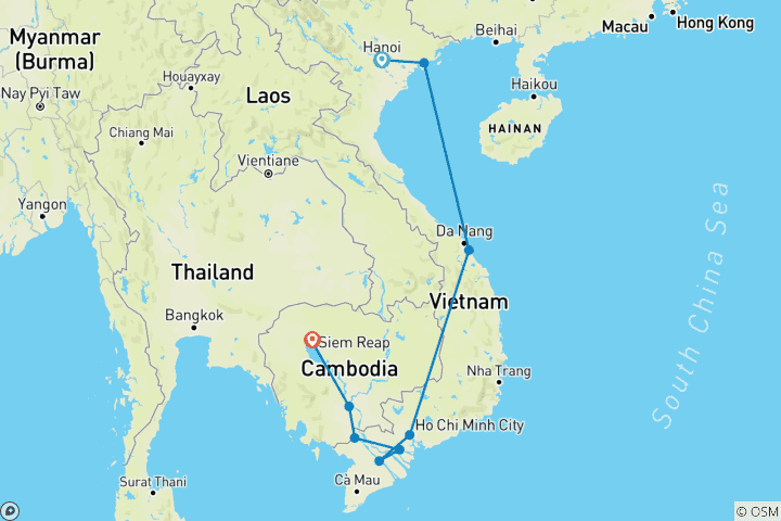 Carte du circuit Trésors d'Indochine : Explorez le meilleur du Vietnam et du Cambodge 15 jours