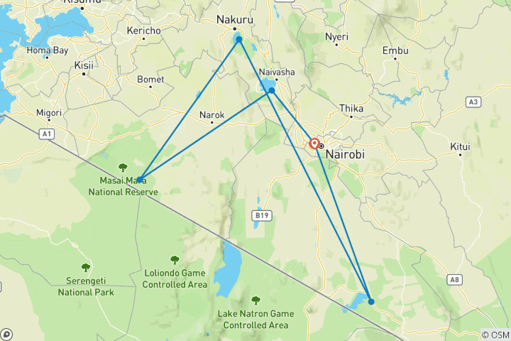 Map of 6 Days Kenya Budget Tours (with Free Night at Nairobi Hotel)
