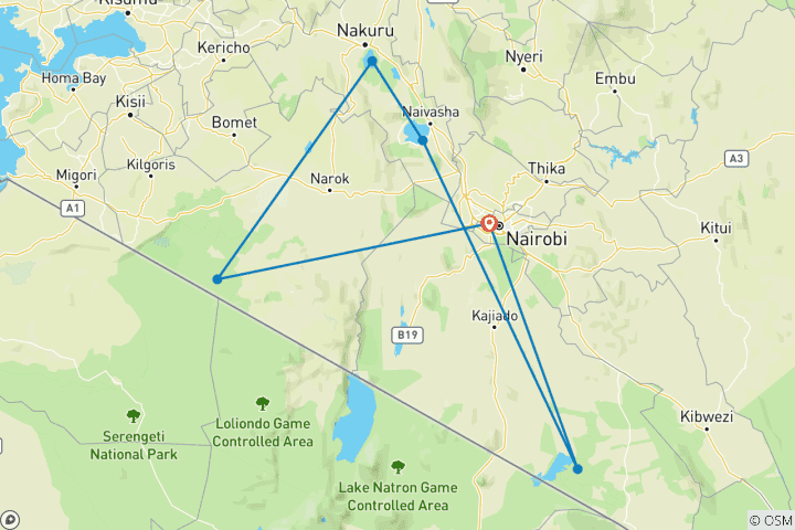 Mapa de Recorridos económicos de 6 días por Kenia (con noche gratis en un hotel de Nairobi)