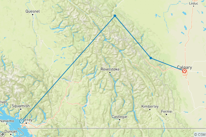 Kaart van De Canadese Rockies per trein - van Vancouver, BC naar Calgary, AB - 2024