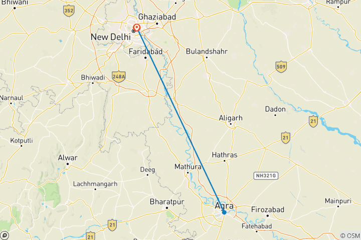 Map of 3 Days Taj Mahal Adventure Tour