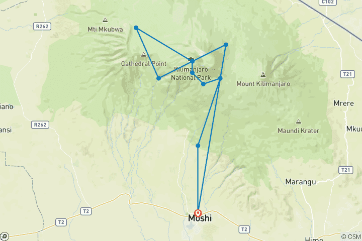 Map of Kilimanjaro Climb, 7-Days Machame Route