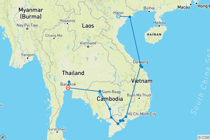 Map of Highlights of Vietnam, Cambodia & Thailand 19 days