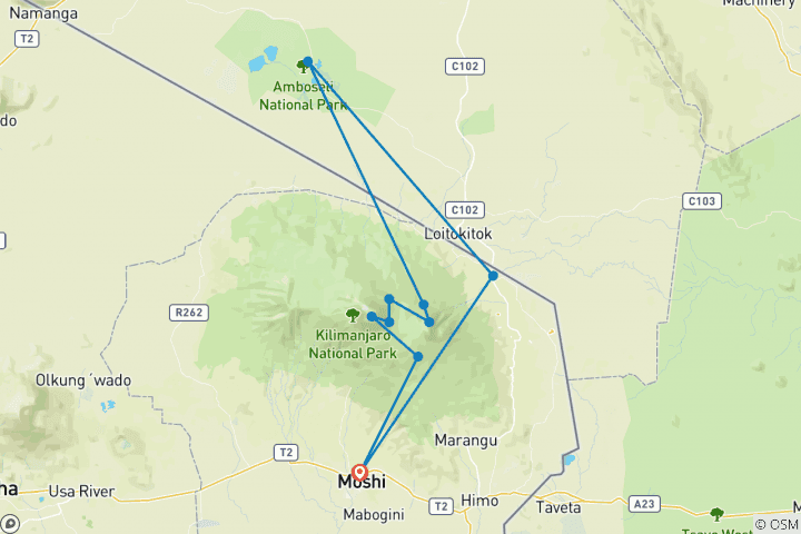 Map of Kilimanjaro Climb  Rongai Route 6 day trek, 8 day tour