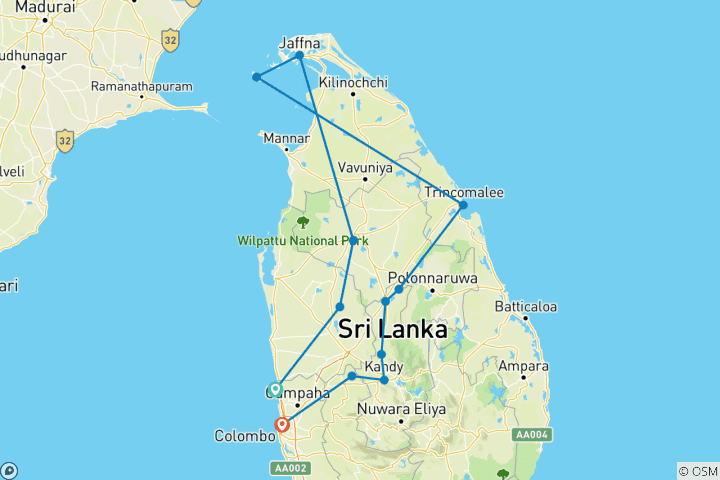 Mapa de Lo más destacado del Norte y el Este de Sri Lanka en 12 días [Confort "Verano"].