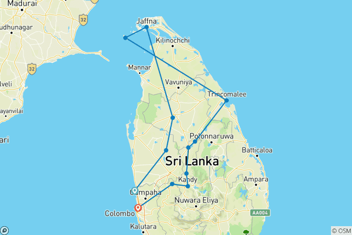 Map of North & East Highlights Sri lanka 12 Days [Comfort "Summer"]