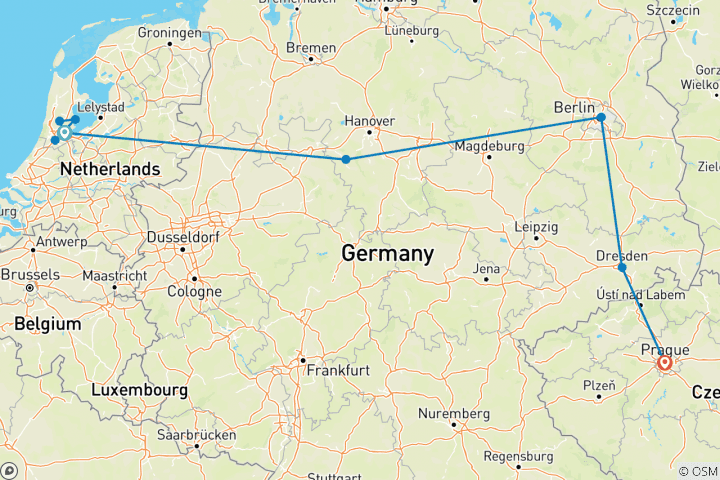 Mapa de Ámsterdam, Berlín y Praga (5 destinations)