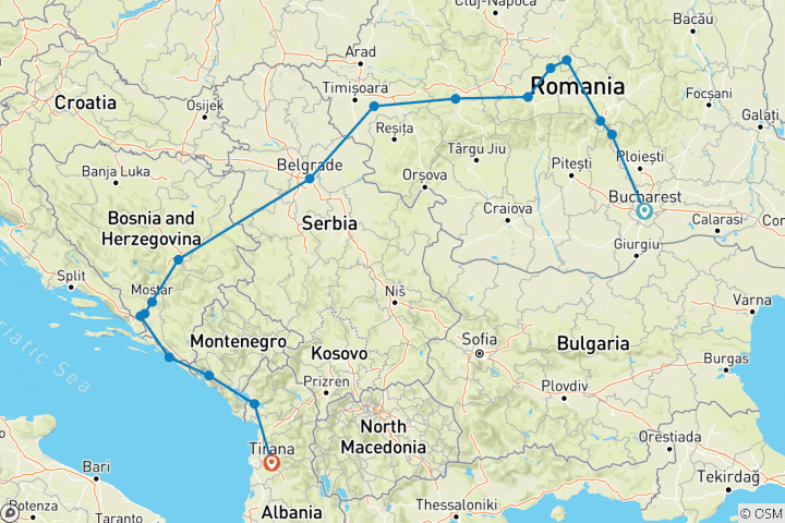 Carte du circuit Route des Balkans (17 destinations)