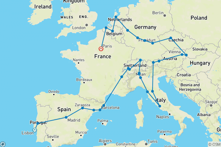 Mapa de Contraste de Europa al acaba en París (37 destinations)