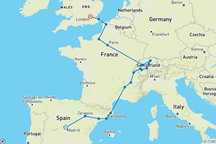 Map of Essential Europe end London (19 destinations)