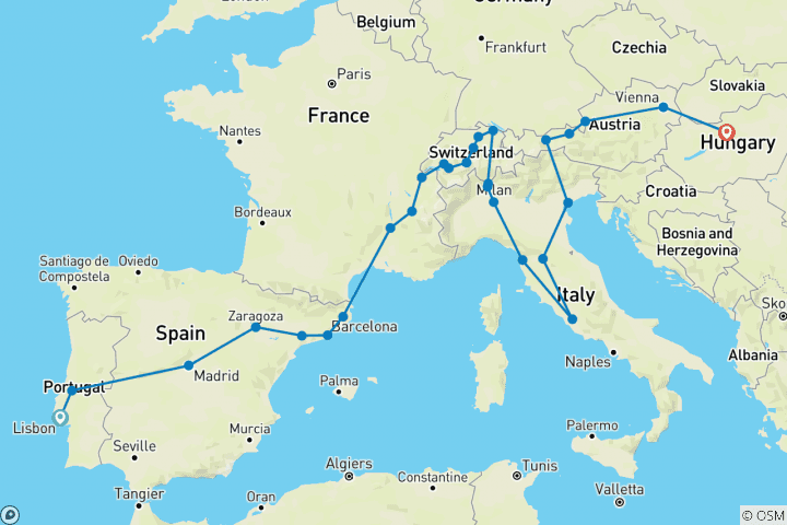 Kaart van Europa van west naar oost einde Boedapest (28 bestemmingen)