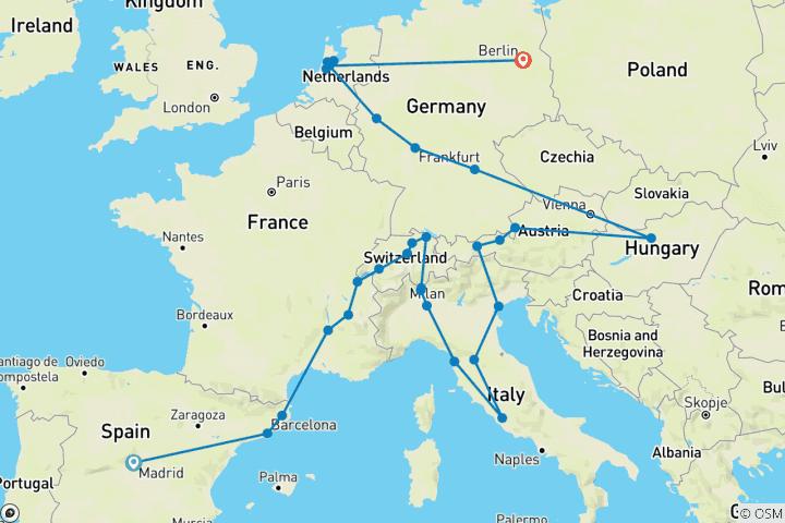 Kaart van Uitgebreid Europa (39 bestemmingen)