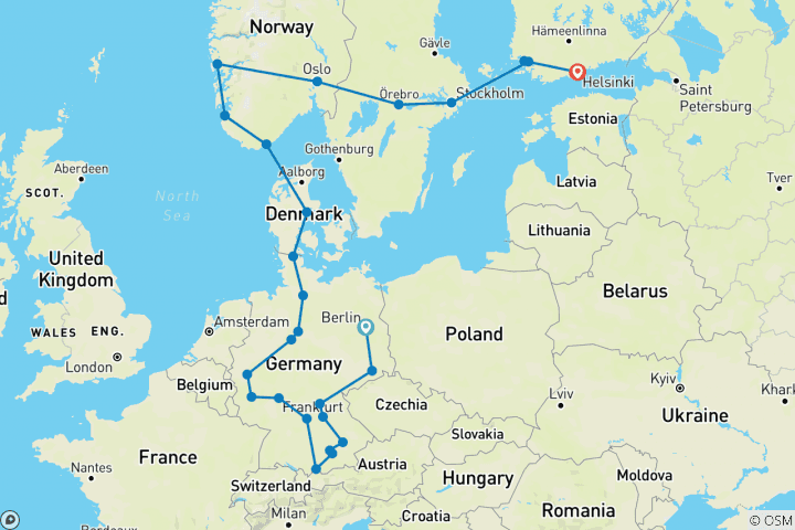 Kaart van Duitsland en Scandinavië eind Helsinki (26 bestemmingen)