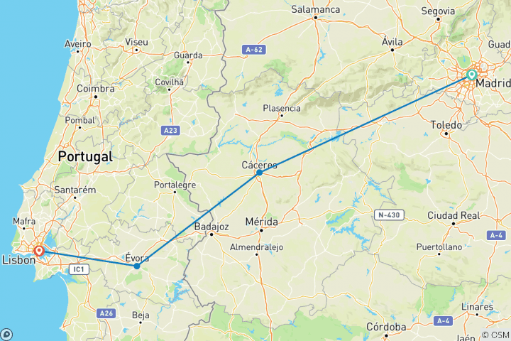 Carte du circuit Madrid et Lisbonne (including Caceres)